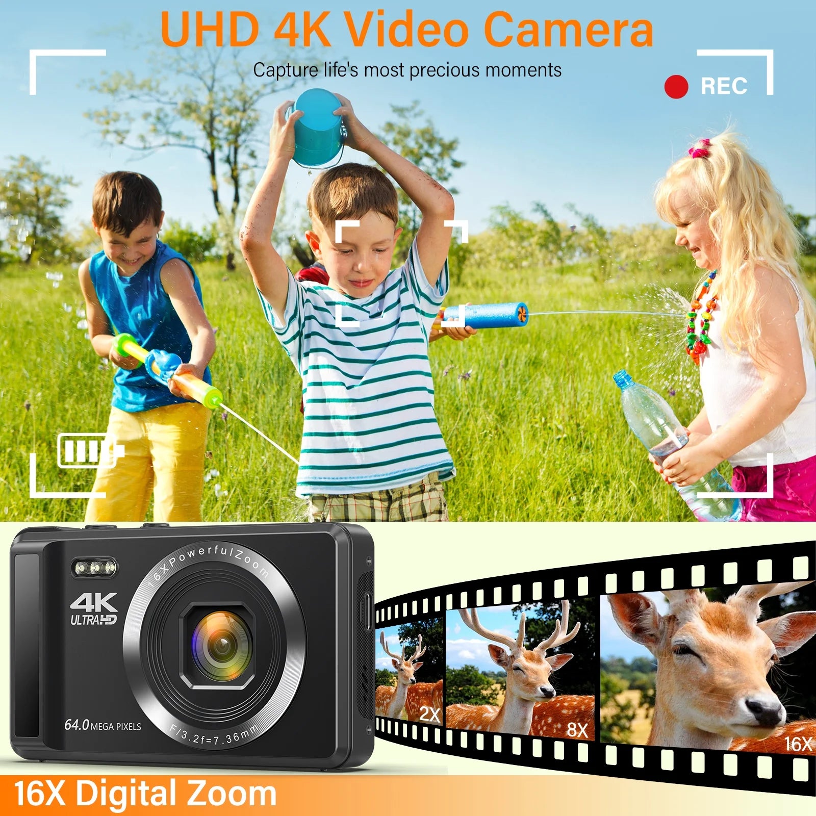 Digital Camera 4K UHD 64MP Vlogging Camera, Autofocus Compact Camera with 16X Digital Zoom, Point and Shoot Digital Camera with 32GB SD Card & 2 Batteries